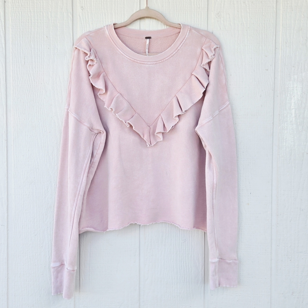 Free People Ooh La Ruffled Cropped Sweatshirt Pink Large